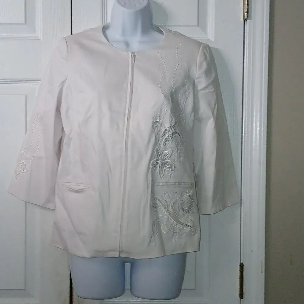 Joni B white zipper front embroidered lightweight stretch jacket Sz S